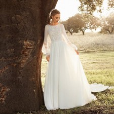 Elegant A-Line Wedding Dresses O-Neck Puff Sleeved Lace Appliques Bridal Gowns