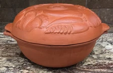 UNGLAZED CLAY TERRACOTTA GOURMET TOPF 1980 COOKING POT W LID MADE USA EX 9 3/4”D