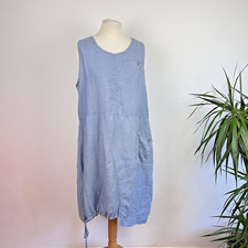 Carina Ricci Balloon Dress Size S Blue Linen Relaxed Fit Sleeveless Pockets