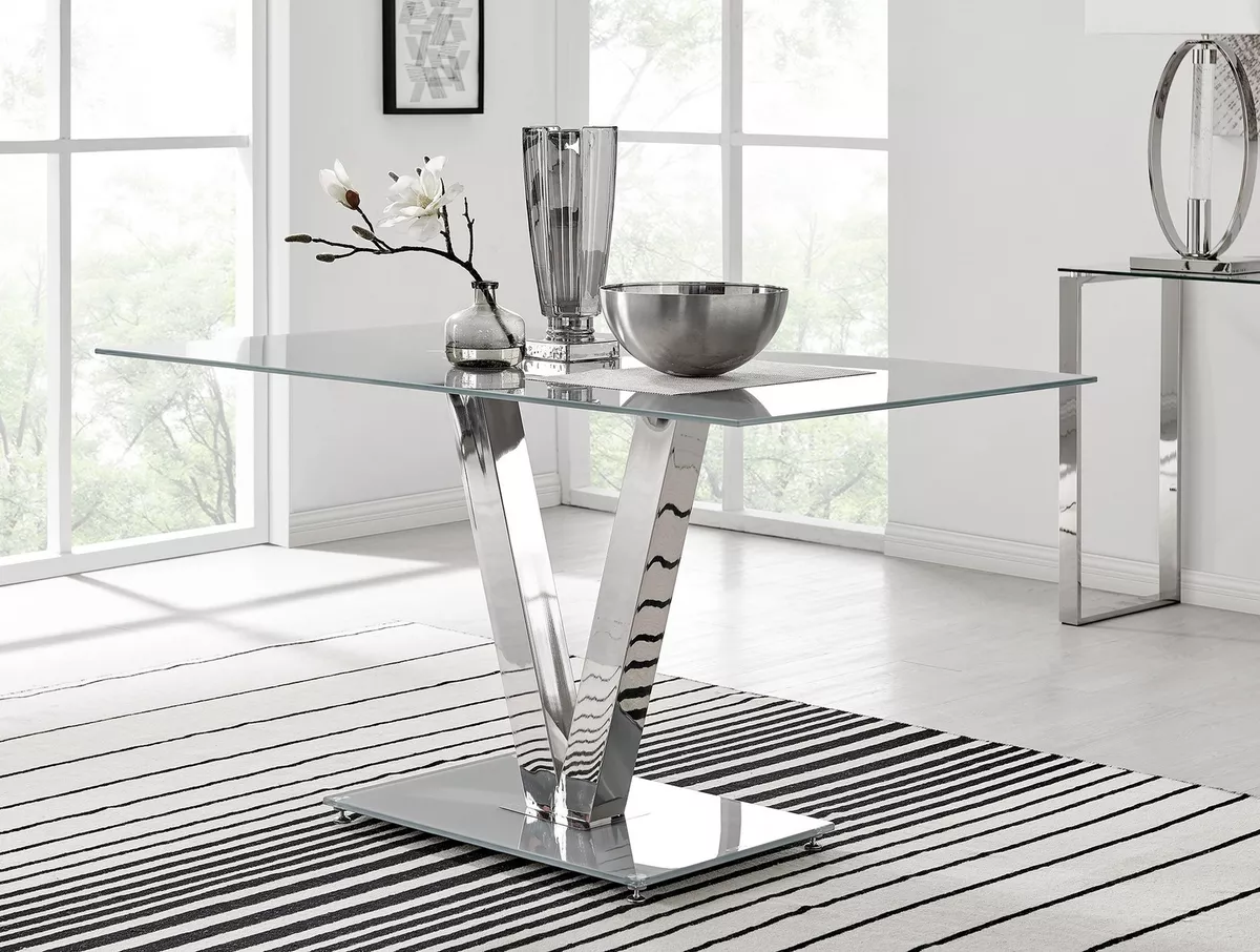 Florini Contemporary Grey Chrome V Legged Rectangular Dining Table