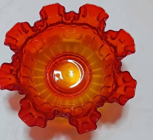 Vintage Fenton Thumbprint Bowl Ruffle Crimped Edge Orange Amber Amberina - Picture 9 of 10