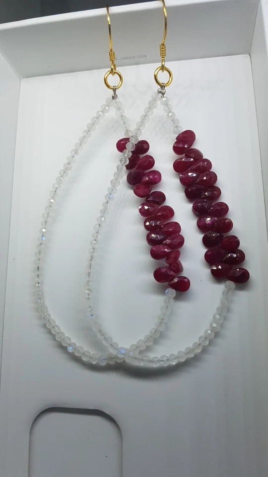 Pietra di luna arcobaleno e pietra preziosa rubino orecchino in argento sterl... - Immagine 4 di 4