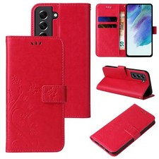 Handy Tasche für Samsung Galaxy S21 FE & S21 FE 5G Handyhülle Blumen Buch Rot