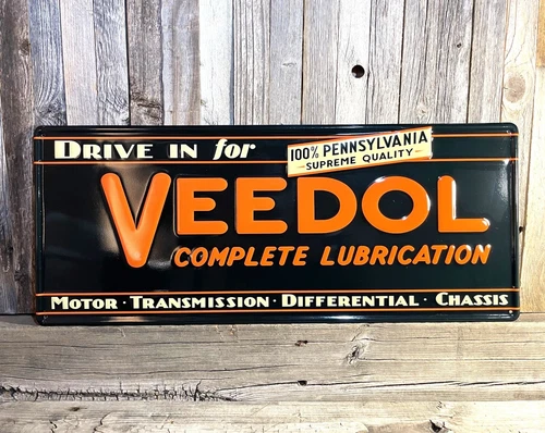 Veedol Motor Oil Gas Large 24" Embossed Metal Steel Sign Garage Vintage New