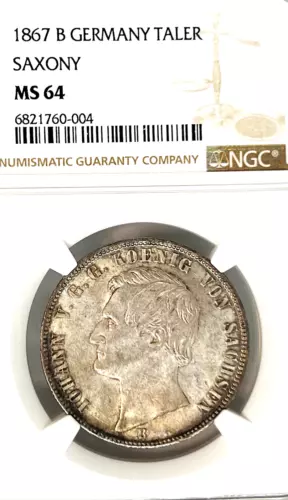 German States Saxony 1867 B Taler Coin Thaler NGC MS 64 VZ/STG VEREINSTALER UNC