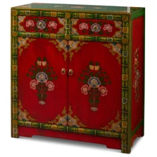 US SELLER - Hand Painted Red and Green Peony Motif Tibetan Chest