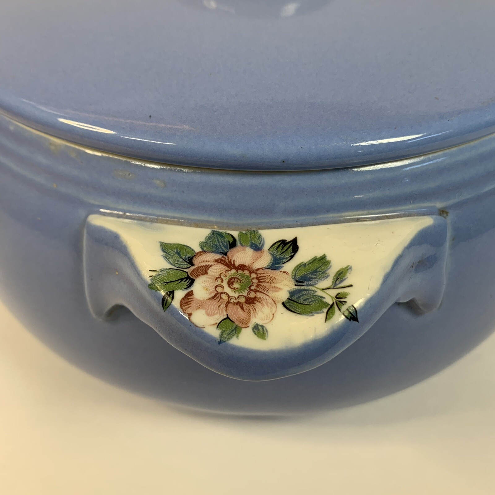 Vintage Hall China Co Kitchenware Handled Blue Casserole in Rose Parade with Lid