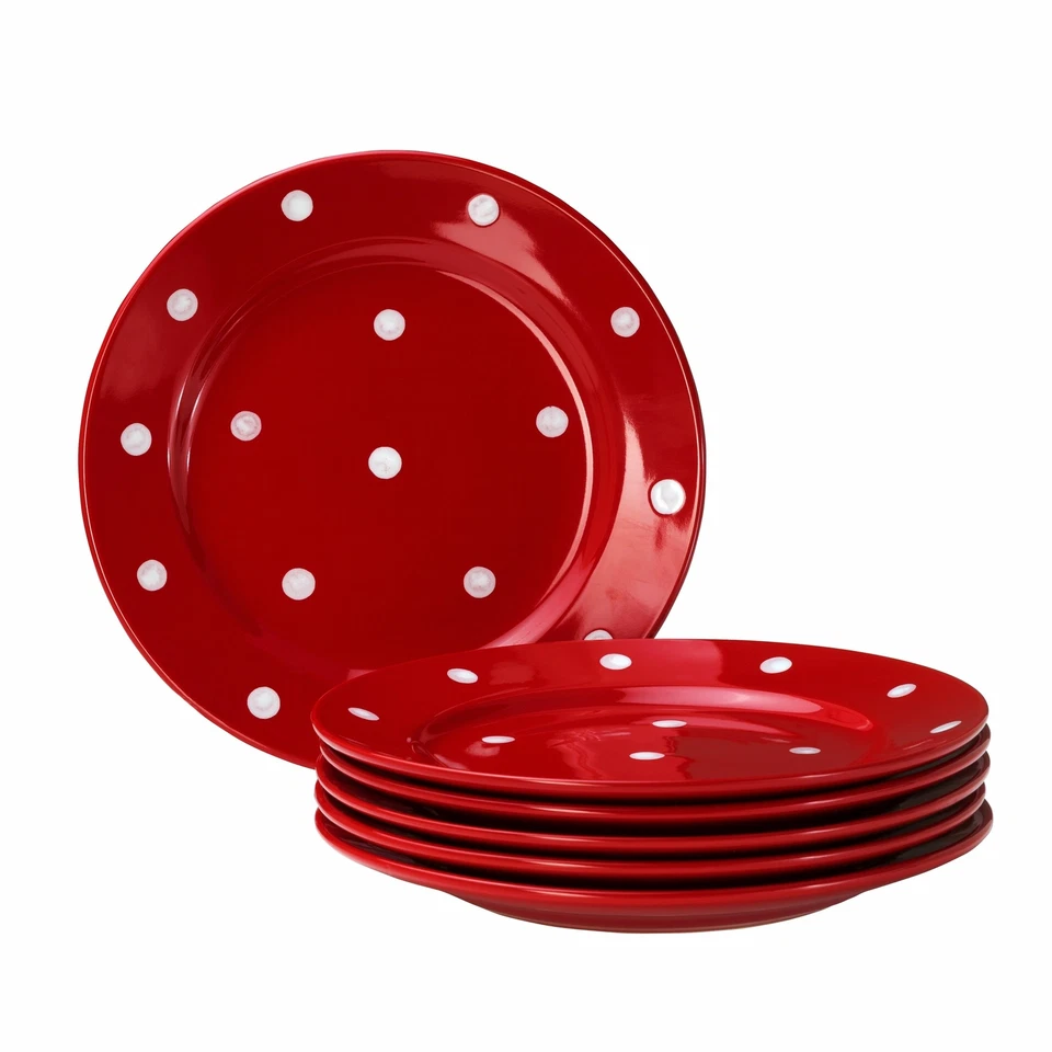 6er Dessertteller Emily 20cm rot weiße Punkte Porzellan Rockabilly Kuchenteller - Bild 2 von 4