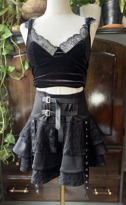 S M Black Tiered Ruffled Lace Grommet Straps Buckles Goth Mini Skirt Emo Scene