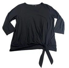 Susan Graver Womens Weekend Blouse Top Size L Black Tie Front 3/4 Sleeve NWOT