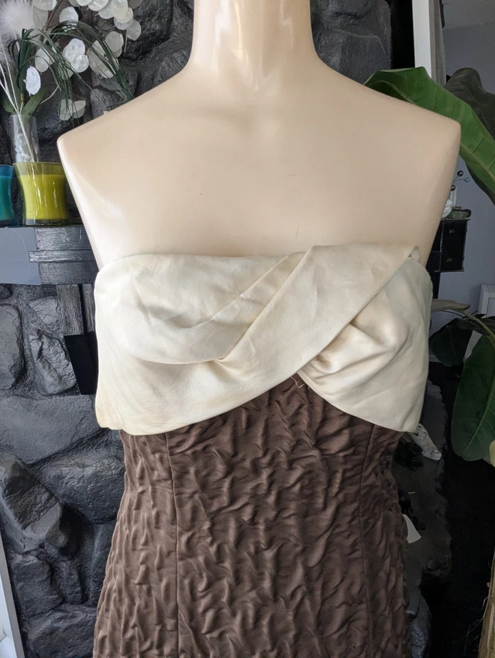 Vestido de baile formal Helga vintage años 50 marrón oscuro y marfil satinado tren talla 12 texturizado Foto 2 de 4