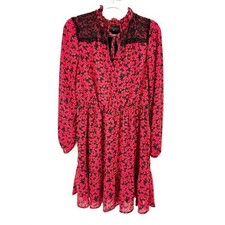 Tahari ASL Red Black Floral Lace Yoke Ruffle Neck Long Sleeve Dress Size 12