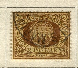 SAN MARINO; 1892 early classic Coat of Arms issue fine used hinged 2L. value