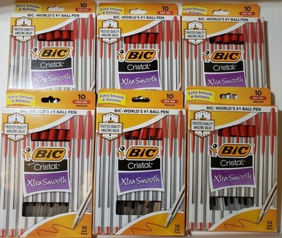 Lot Of  6 BIC Cristal RED INK XTRA SMOOTH 10 Pens Each 60 Total Medium Point NEW