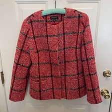 Talbots Tweed Plaid Button Blazer Jacket Red/Black Windowpane Womens 14