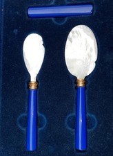 Fine Boxed Faberge' Nephrite, Mother of Pearl & Gilded Silver Cavier Serving Set