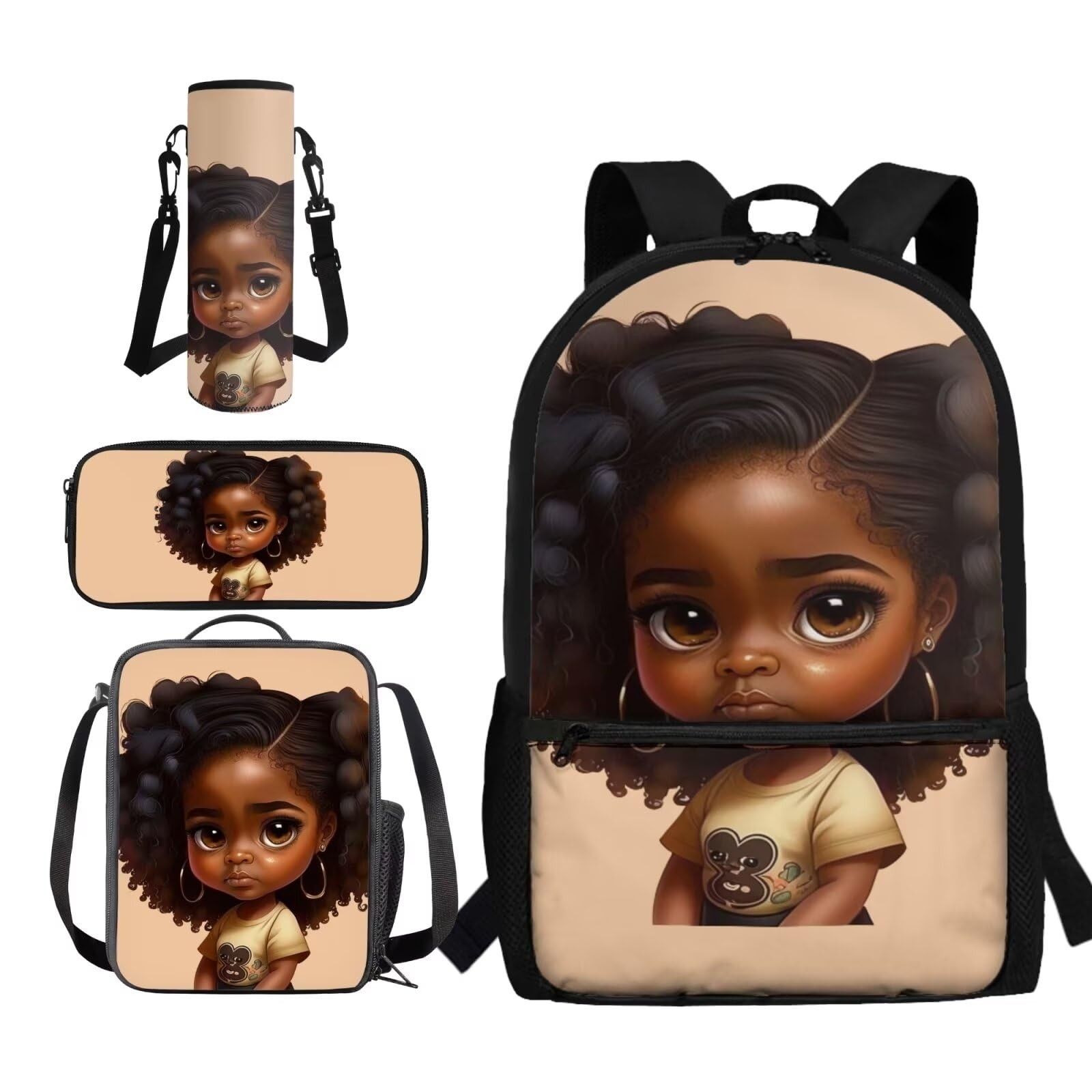 African Girl School Backpack with Lunch Box&Pencil Case&Wate