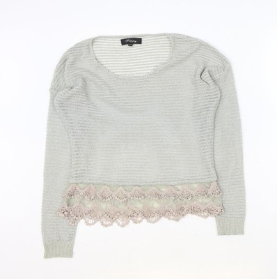 Preppy Damen Pullover Pulli grau Rundhalsausschnitt Polyester Größe S - Häkelspitze