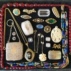 LOT Antique Art Deco Jewelry Coin Compact Glass Enamel GF Silver Plt Buckle etc