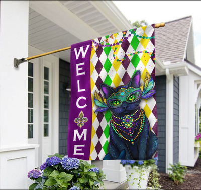#ad #ad Black Cat Mardi Gras Flag Happy Mardi Gras with Black House Flag Garden Flag $27.10