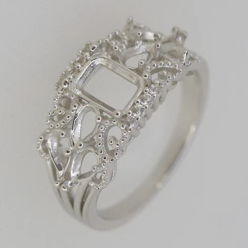 925 Sterling Silver 5x7 Octagon Semi Mount Ring-Filigree Art Deco Setting Accent