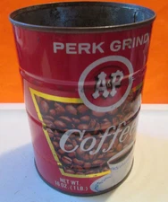 A & P Coffee Tin A&P 1 Lb PERK GRIND ATLANTIC & PACIFIC TEA CO.,83 CENTS NO TOP