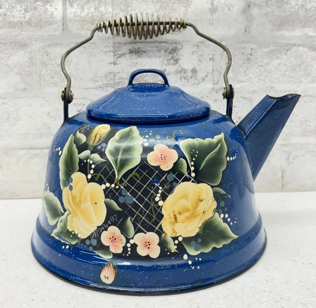 Vintage Enamel Coated Speckled Metal Handle Blue Kettle Hand Painted