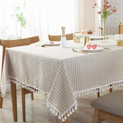 AMZALI Stripe Tassel Tablecloth Cotton Linen Stain Resistant/Dust-Proof Water...