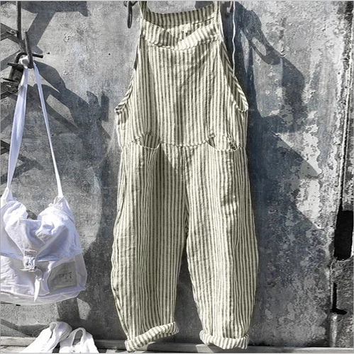 Women Loose Striped Dungarees Jumpsuit Summer Overalls Baggy Romper Casual Pants - Afbeelding 4 van 21