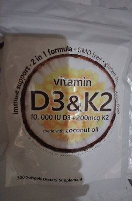 Vitamin D3 10000 iu Plus K2 (MK-7) 200 mcg, 300 Virgin Coconut Oil Softgels-NEW