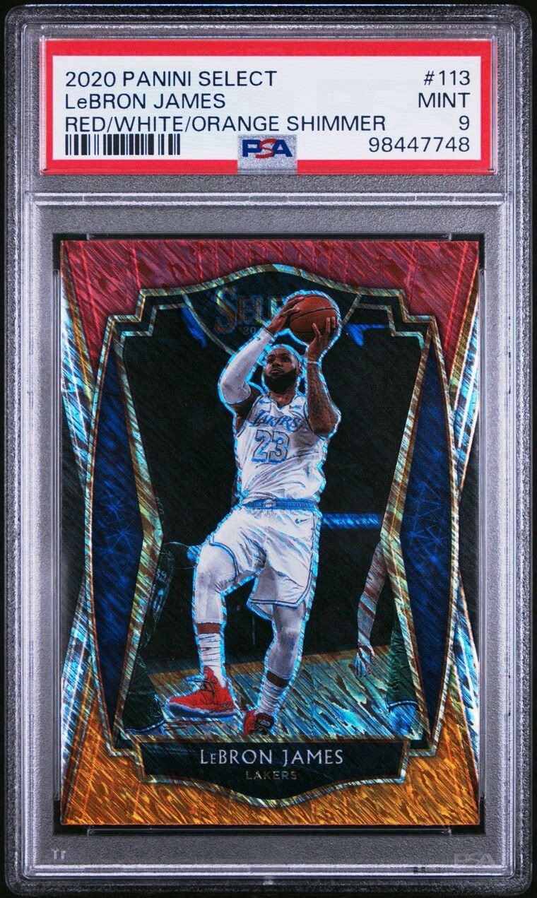 2020 PANINI SELECT RED/WHITE/ORANGE SHIMMER #113 LEBRON JAMES PSA 9