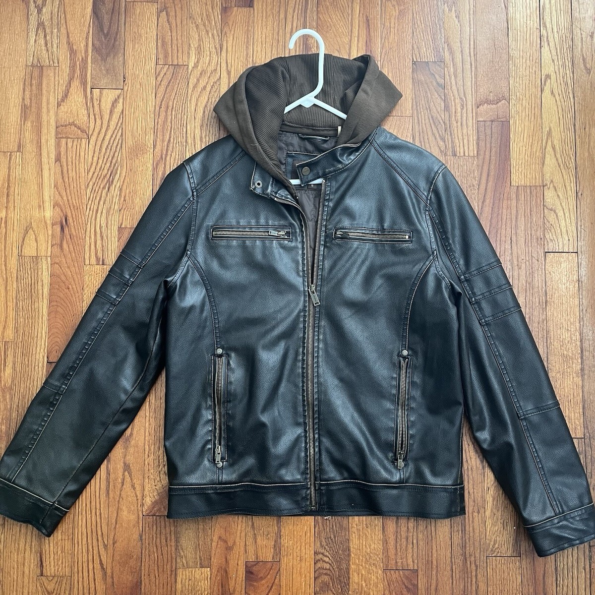 Guess Men's Brown Faux-Leather Motorcycle Bomber Jacket Coat Large Hoodie