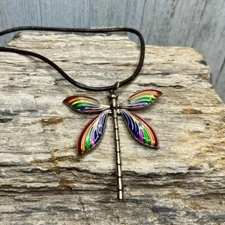 NEW Rainbow Dragonfly Primative Wire Wrapped Leather Cord Necklace Brown 18"