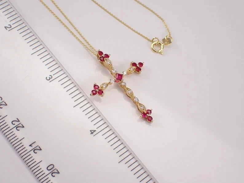 2CT Round Cut Lab-Created Pink Ruby Women Cross Pendant 14K Yellow Gold Plated - Image 4 of 4