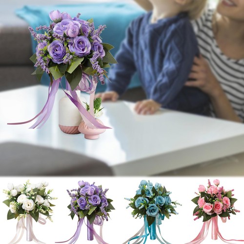 Bride Wedding Bouquet Silk Ribbon Roses Artificial Holding Flowers Accessories