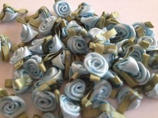 SMALL MINI SATIN RIBBON ROSE BUDS FLOWERS WITH SATIN GREEN LEAVES APPLIQUE CRAFT