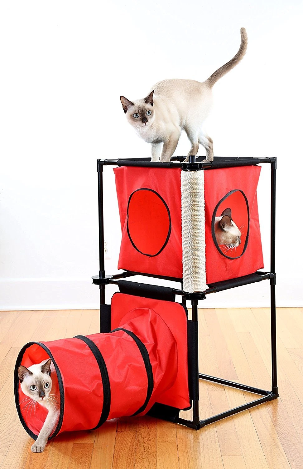 Kitty Condo with Tunnel & Scratching Post - Cat Playing Tunnel & Scratching Post