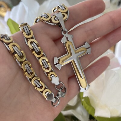 Collana Di Moda Placcato Oro Con Ciondolo A Croce In Acciaio - Foto 3