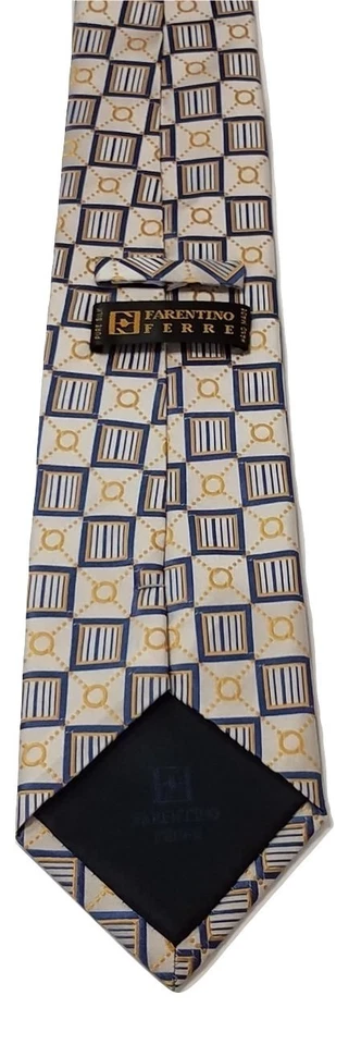 Corbata de cuello Farentino Ferre larga 100 % seda azul dorado hecha a mano con estampado geométrico para hombre Foto 3 de 4