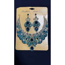 Teal Blue Rhinestone Bib Necklace and Drop Earrings Costume Jewelry Set
