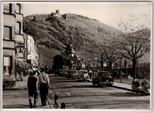 Vtg B&W Snapshot European Town Street Scene Cars Hilltop Castle Men Walking