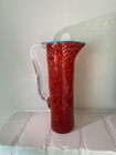 Hand-Blown Red Spatter Glass Pitcher Turquoise Rim Vintage c.1960s-1980s — photo 1