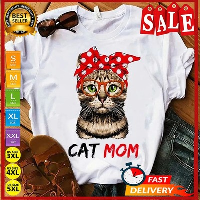 CAT MOM Printed Round Neck Short Sleeve Women's T-Shirt Kitty Cat Lover Large