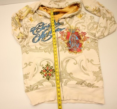 Christian Audigier Full Zip Hoodie Sweatshirt L Rhinestone Gold