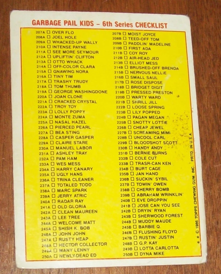 1986 Topps Garbage Pail KIds HECTOR Collector 6th Series Checklist Card - Image 2 of 2