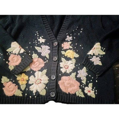 Vintage Chaus Cardigan Embroidery Flowers Shoulder Pads Size S Cottagecore