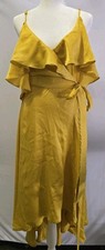 Lulus Moriah Mustard Yellow Satin Ruffle Wrap Maxi Dress Boho Chic Size Medium