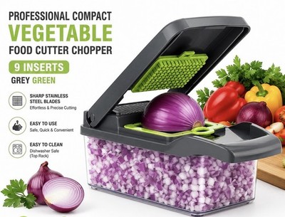 Professional Compact Vegetable Food Cutter Chopper (9 Inserts) Grey Green