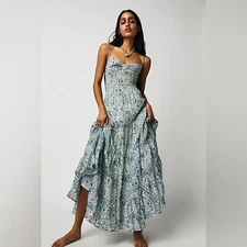 NWOT Free People Sundrenched Printed Maxi Dress in Blue - Size M