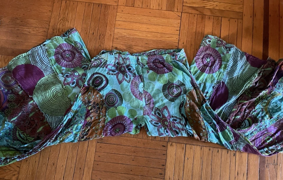 Pantalones de festival vintage WOODSTOCK algodón gasa pierna súper ancha tie dye unisex ML Foto 3 de 3